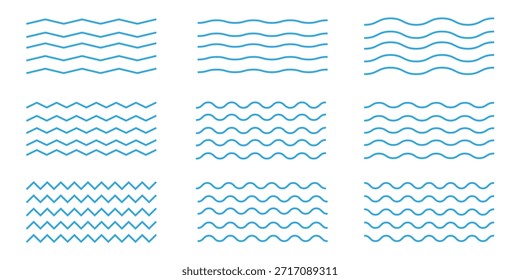 Ondas de água. Conjunto de linhas onduladas em ziguezague. Plano de fundo de linha fina de onda. Ziguezague vetorial e sublinhado ondulado horizontal. Ilustração vetorial eps.10 moderno