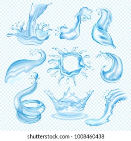 Water waves splash vector drop of waterfall transparent splashing liquid aqua set watering illustration isolated on white background