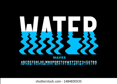 Water Waves Style Font Design, Ripple Effect Alphabet Letters And Numbers, Vector Illustration