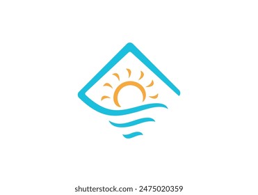 water waves and sun in the shape of square abstract logo icon vector