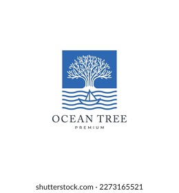 Water waves with tree and boat square logo simple icon vector illustration svg