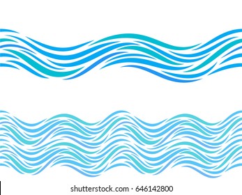 Water waves vector seamless pattern ornament. Blue wavy marine lines artistic abstract design for decoration element or modern tattoo on white background