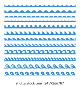 Water wavy borders. Aquatic waves frame. Seamless blue horizontal marine curly brush. Decorative stormy sea tide, curved river, liquid elements design, vector collection. Ocean stormy icons