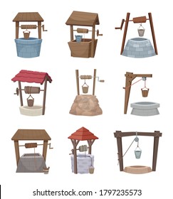 Water well. Antique cartoon country wellness village wooden construction vector illustrations