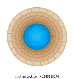 Water well of brick isolated on white background. Top down view on well full of water over. Artesian reservoir well of drinking water. Source of pure water from the bowels of the earth. Stock vector