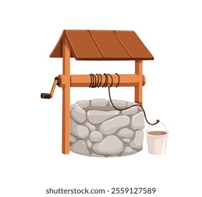 Water well with bucket and rope. Wood roof, stone construction. Traditional ancient country utility. Rural garden and farm structure. Flat cartoon vector illustration isolated on white background