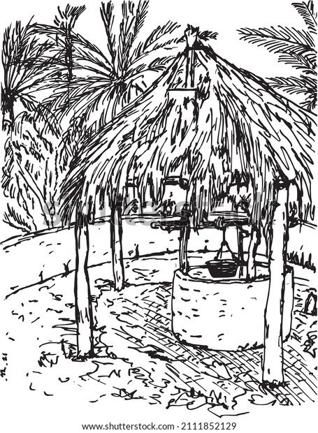 A water well with a bucket, under a canopy with a thatched roof, surrounded by palm trees. Margarita Island, Venezuela. Linear drawing with a fountain pen by Andrei Kolesov