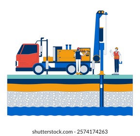 Water well drilling with groundwater layers cartoon flat illustration. Borewell construction. Drillers workers with drilling rig 2D characters isolated on white background. Vector colorful image