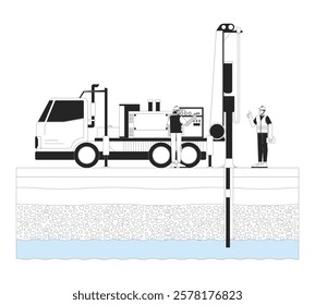 Water well drilling with groundwater layers linear illustration. Borewell construction. Drillers workers with drilling rig 2D line characters isolated on white. Monochrome vector outline image