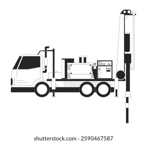 Water well drilling rig with truck and machinery black and white 2D line object. Groundwater extraction. Industrial equipment isolated clip art vector outline item. Monochromatic spot illustration