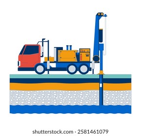 Water well drilling truck and ground layers cartoon flat illustration. Soil, rock, groundwater. Resource extraction. Industrial equipment 2D scene isolated on white background. Vector colorful image