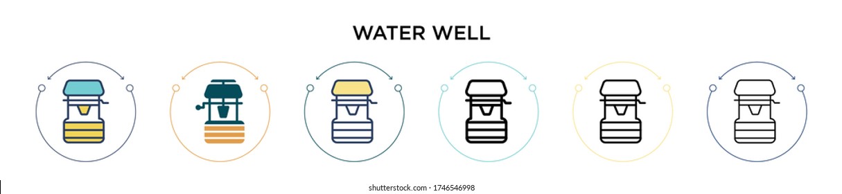 Water well icon in filled, thin line, outline and stroke style. Vector illustration of two colored and black water well vector icons designs can be used for mobile, ui, web