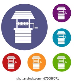 Water well icons set in flat circle reb, blue and green color for web