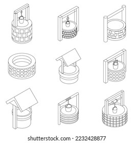 Water well icons set. Isometric set of water well vector icons outline vector on white background