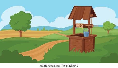 Paisagem de poços de água. Aldeia ou campo com design de madeira de primavera potável. Campos verdes e colinas, desenho animado vale hoje em dia vetor cena