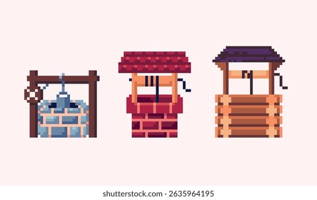 Conjunto de arte de pixel de poço de água. 8 bits. Desenvolvimento de jogos, aplicativo móvel. Ilustração isolada de vetor.
