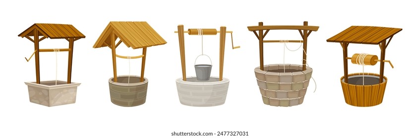 Water Well as Rustic Stone and Wood Structure Vector Set