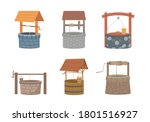 Water well set. Rustic stone and wood design with bucket and protective cover old traditional drinking water lift must have in city and village since ancient times. Cartoon vector.