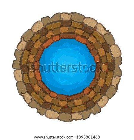 Water well of stone isolated on white background. Top down view on well full of water over. Artesian reservoir well of drinking water. Source of pure water from the bowels of the earth. Stock vector
