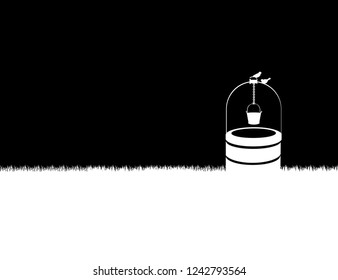 Water well with two little birds, black and white minimalism vector landing page background