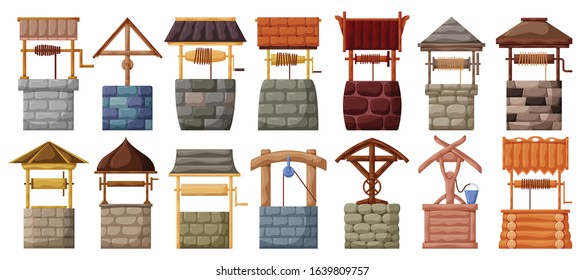 Water well vector cartoon set icon.Vector illustration wooden and stones wellspring on white background . Isolated cartoon set icon water well.