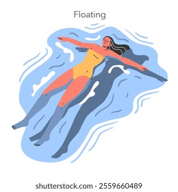 Water Wellness concept. Illustration of a relaxed woman floating serenely in water, representing tranquility and self-care. Vector illustration.