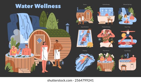 Water Wellness concept. Illustration of spa treatments and therapeutic activities involving water, like sauna, hydrotherapy, and aqua aerobics. Vector illustration.