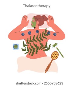 Concepto de bienestar del agua. Una ilustración serena de talasoterapia con Elementos marinos para la rutina de autocuidado. Abrazo de algas, masaje de piedra de mar, máscara facial. Ilustración vectorial.