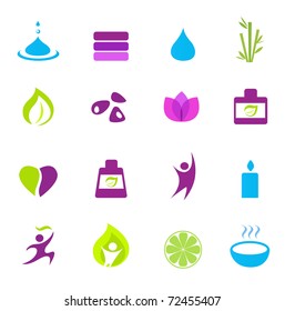 Water, wellness, nature and zen icons - pink, green, blue. Vector