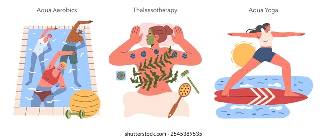 Water Wellness set. Illustrations of aqua aerobics, thalassotherapy, and aqua yoga, showing different health activities involving water. Vector illustration.