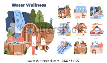 Water Wellness set. Illustrations of hydrotherapy, saunas, and aqua-based exercises for health. People enjoying water treatments and fitness. Vector illustration.
