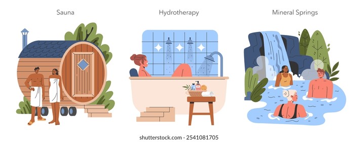 Conjunto de bienestar de agua. Sauna de relajación, hidroterapia, indulgencia y rejuvenecimiento de manantiales minerales. Tratamientos de spa curativos y ambientes naturales de curación. Ilustración vectorial.