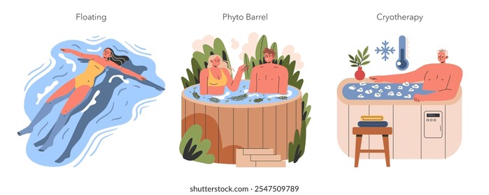 Water Wellness set. Three methods of holistic relaxation and health treatments featuring floating, phyto barrel, and cryotherapy. Vector illustration.
