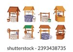 Water wells with buckets on ropes set. Old ancient sources from wood planks, stone, rocks. Traditional countryside structures for deep springs. Flat vector illustrations isolated on white background
