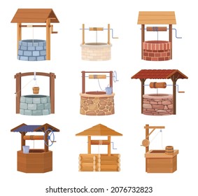 Water wells set vector flat illustration. Wood stones historical traditional village must have for drinking aqua lift isolated on white. Rustic village ancient equipment with bucket, roof and rope