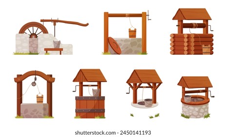 Water wells set. Wooden and stone old rural deep wells with bucket on rope for fresh drink and crank pulley, ancient brick structure in village farm garden or desert cartoon vector illustration