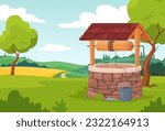 Water wells. Stone decorated peasant wells with a bucket for water extraction on the background of nature. Vector illustration