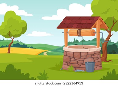 Water wells. Stone decorated peasant wells with a bucket for water extraction on the background of nature. Vector illustration
