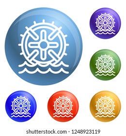 Water wheel energy icons set vector 6 color isolated on white background