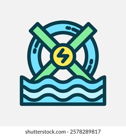 Water wheel icon Flat line color, free energy, ecology, renewable and green energy concept. Line and flat color icon.