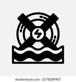 Water wheel icon Semi solid, free energy, ecology, renewable and green energy concept. Black and semi solid icon.