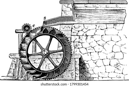 A water wheel is a machine for converting the energy of flowing or falling water into useful forms of power, often in a watermill, vintage line drawing or engraving illustration.