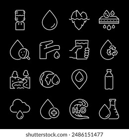 Water, white line icons. Icons representing water dispensers, glaciers, filters, and water drops. Essential for environmental and hydration themes. Symbols on black background. Editable stroke.