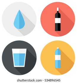 Water and wine icons icon. Flat design style modern vector illustration. Isolated on stylish color background. Flat long shadow icon. Elements in flat design.