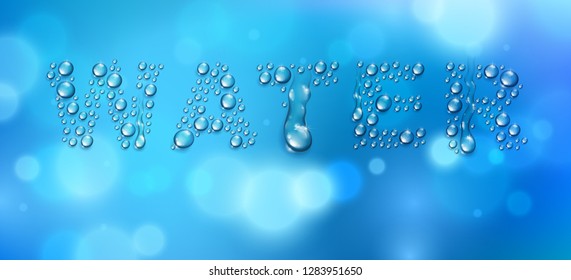 Water word designed with realistic water drops with blurred background beyond, vector illustration of ecology theme, ecosystem, environment protection.