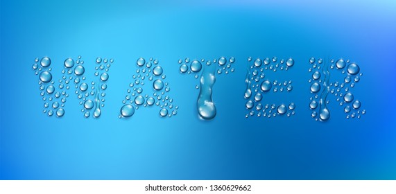 Water word designed with realistic water drops with blurred background beyond, vector illustration of ecology theme, ecosystem, environment protection.