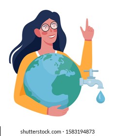 Water world day concept. Woman holding the planet with water tap and drop of water. Idea of saving water resources on the Earth. Vector illustration in cartoon style.