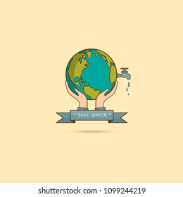 Water world day with hand hold faucet or water tap with a drop of water out to earth and save water text vector design illustration