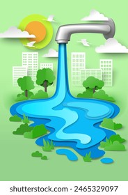 Water world day papercut poster with tap faucet