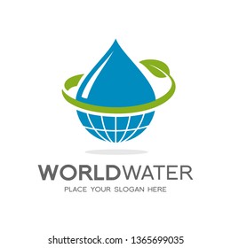 Water world vector logo template. This design with leaf symbol. Suitable for eco, save, water day.